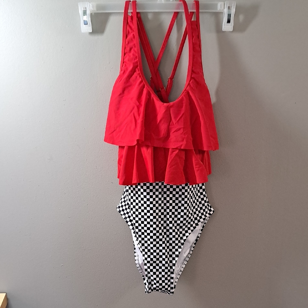 Red and Black Checkered Women's One Piece Swimsuit